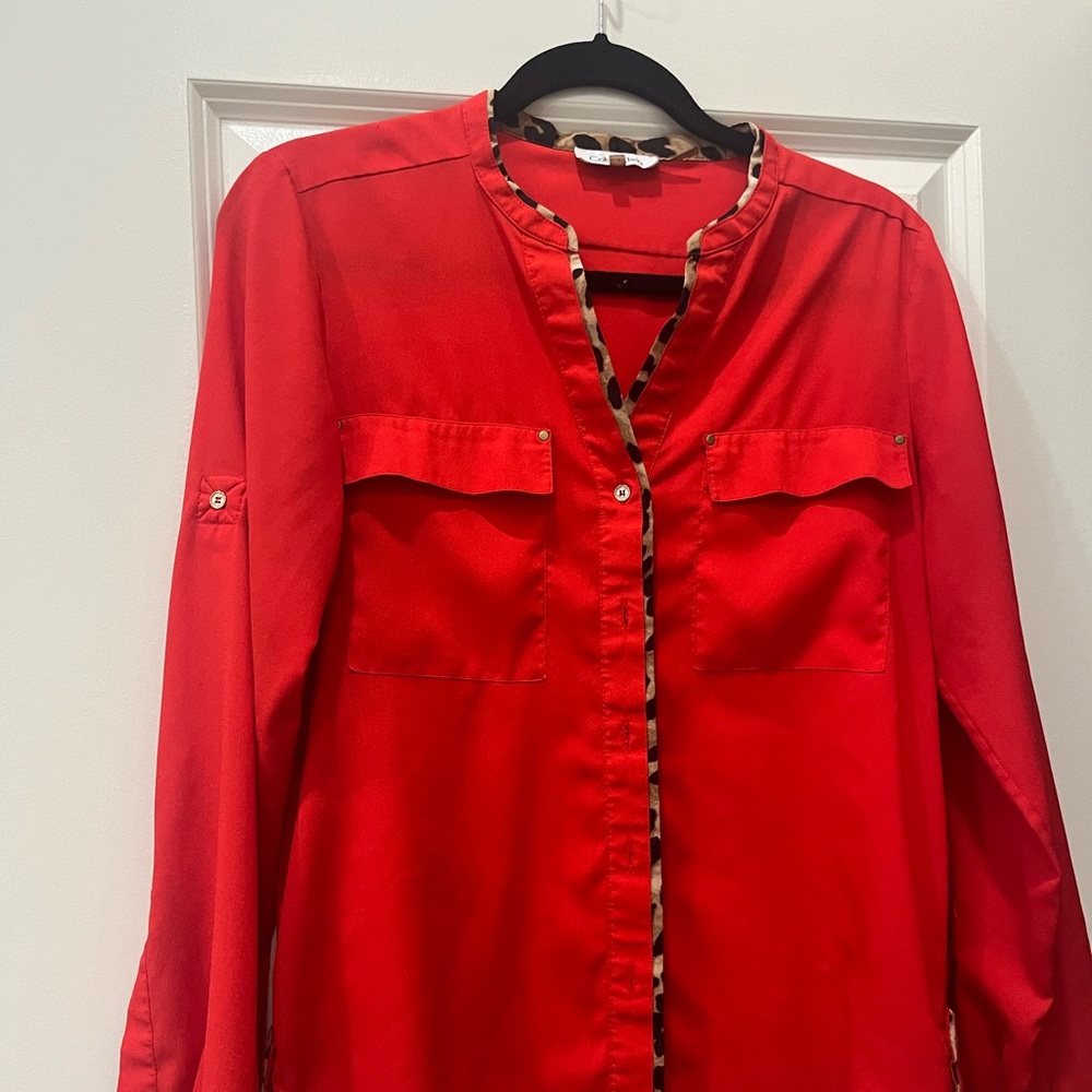 Calvin Klein Bright Red Button-Up Blouse with Cheetah Detail